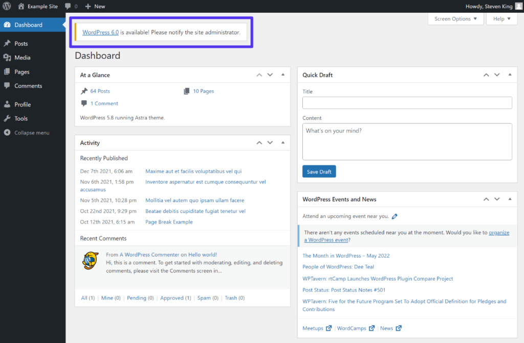 Atualização para segurança do WordPress, dashboard administrativo