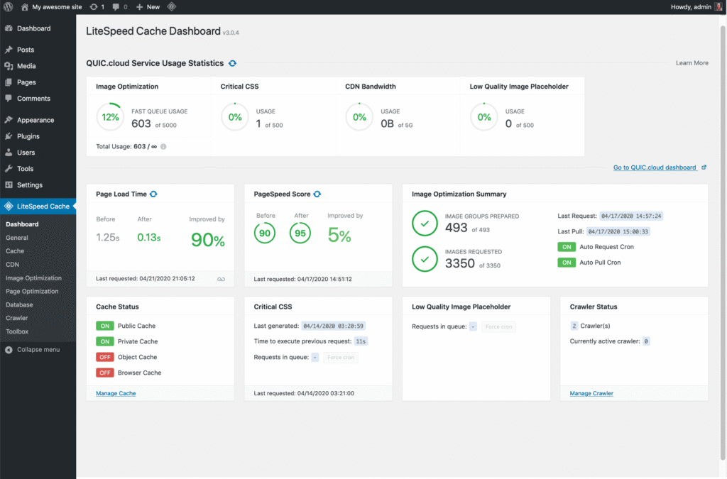 Dashboard do plugin LiteSpeed Cache