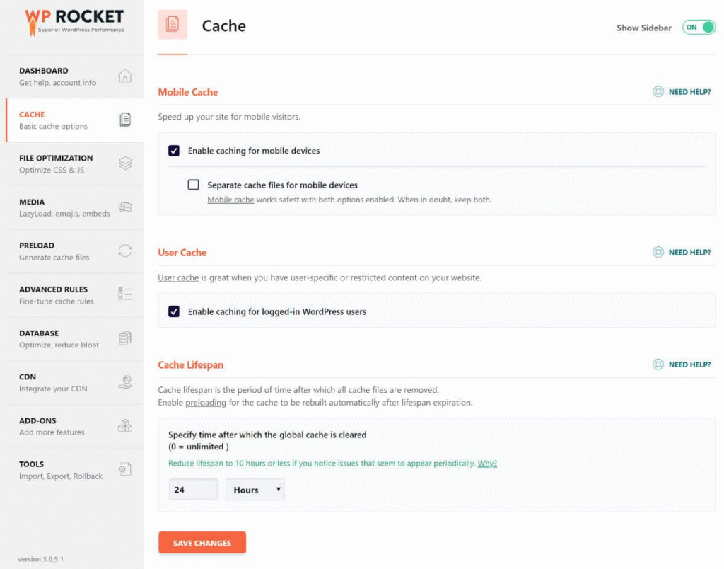 Interface do plugin WP Rocket